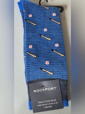 Rockport Blue Crew Socks with Beige Bat & Red Ball Pattern novelty sports